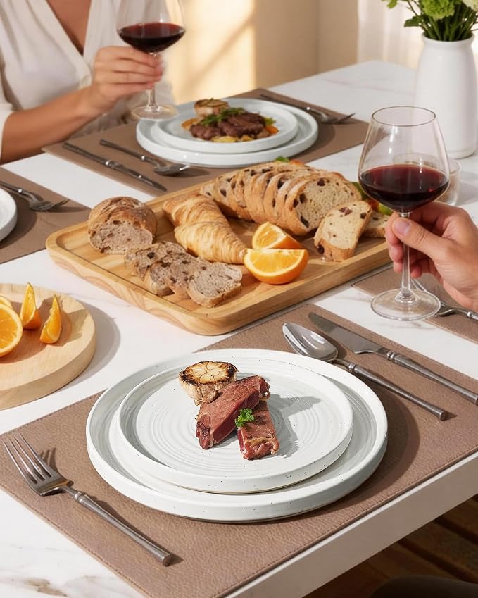 Stoneware Dinnerware Sets for 4, 12-Piece High Edge Plates and Bowls with Speckled Glaze & Spiral Design - Chip & Scratch Resistant, Microwave & Dishwasher Safe - Farmhouse, White