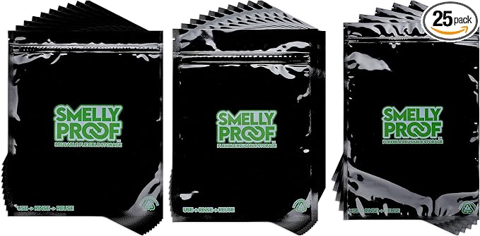 Smelly Proof Reusable Food Storage Container Bags Bundle - USA-Made, NO PEVA & BPA FREE, Easy Clean Dishwasher-Safe Freezer Bags, NO SMELL Triple Zip BLACK 4 mils FLAT, Pack of 25