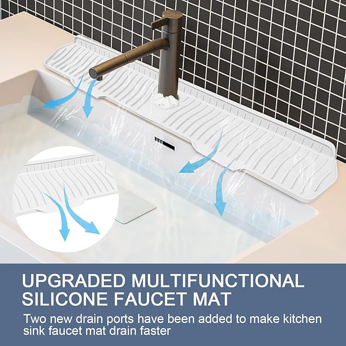 Faucet Guard - 90 Foldable Draining Mat for Kitchen Sink with 2 Drain Ports, Suitable for Bathroom, etc (White, 29.9"*5.9")