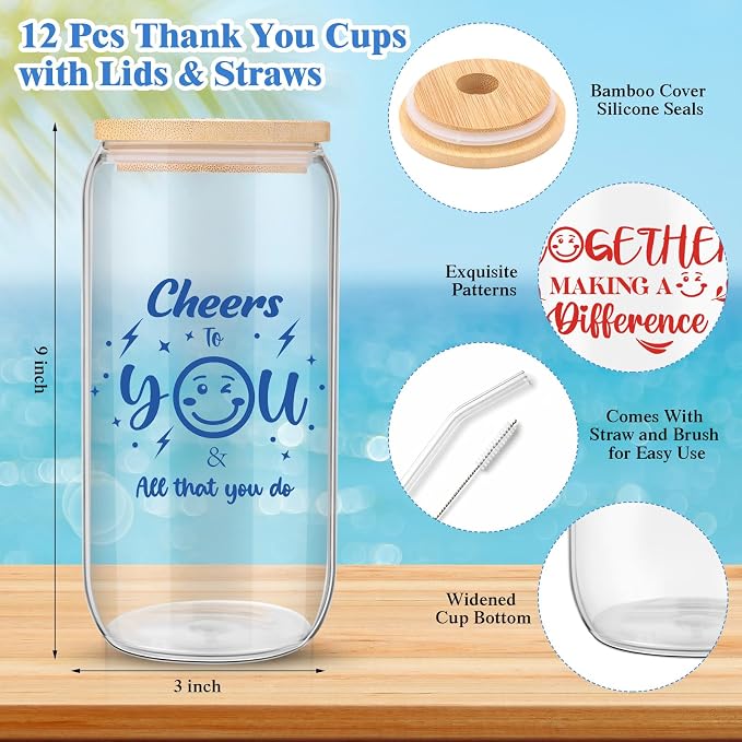 Skylety 12 Set Back to School Teacher Gifts in Bulk Thank You for Being Awesome Gifts 16 oz Glass Cups with Lids Straws Spiral Notebooks Sticky Note Pens for Employee Nurses Team Office Staff Coworker