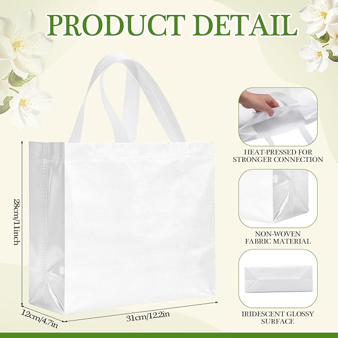 Eccliy Reusable Gift Bags Set Glossy Grocery Gift Tote Bag with Handle for Wedding, Bridal Shower, 4th of July, Summer Event(12 x 11 x 4.7 I Inch,White,80 Pcs)