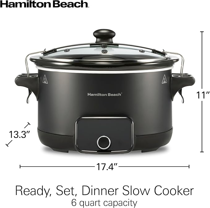 Hamilton Beach Portable Ready, Set, Dinner 6 Quart Programmable Slow Cooker | Temperature Probe & Defrost Function | Clip-Tight Lid For Easy Travel | Dishwasher-Safe Stoneware Crock | Matte Black | 33868