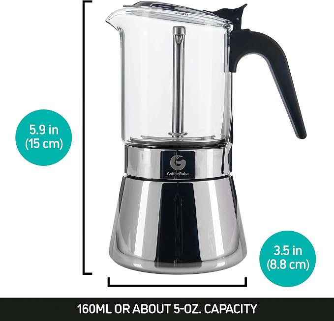 Coffee Gator 4 Cup Moka Pot, 6.7oz Stovetop Espresso Maker for Italian Coffee, Transparent Glass & Stainless Steel Design, Silver, 200ml