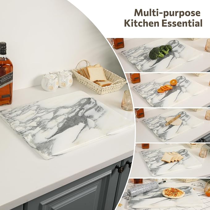Marble Cutting Board for Kitchen, 16 x 20 Inch Pastry Board With Non-Slip Feet for Baking, Marble Slab, Gifts, White Marble Black Veins