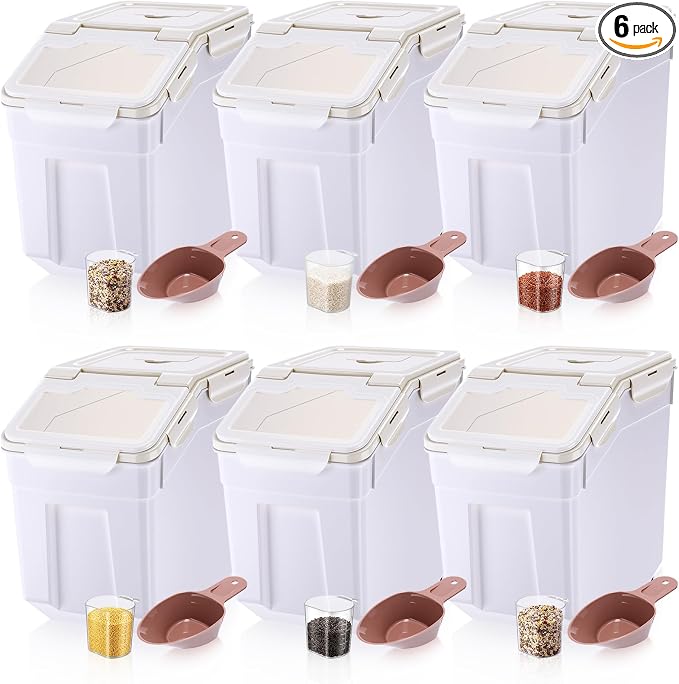 Sunnyray Flour Storage Container Bin,Rice Storage Containers with Wheels Seal Locking Lid, BPA Free with Measuring Cup Scoop for Rice Grain Pet Food Flour(55 Lbs,Beige,6 Pcs)