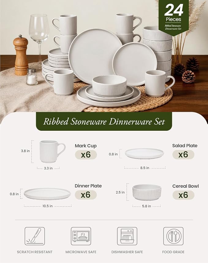 OTAGO 24-Piece Dinnerware Set for 6 with Mugs, Ribbed Stoneware Plates and Bowls Sets, Unique Handcrafted Reactive Glaze, Chip and Scratch Resistant Dish Set, Microwave & Dishwasher Safe, White