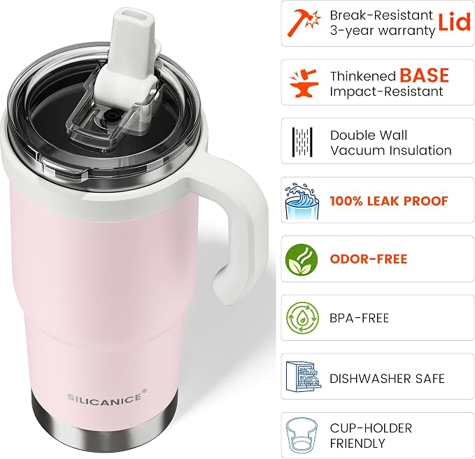 For Iced Coffee & Smoothies – Never Drink from a Moldy Lid Again: 24oz Hygienic Tumbler, 100% Leakproof Lid & Removable Foldable Spout. Reinforced Base, Fits Cup Holders-Pink sand