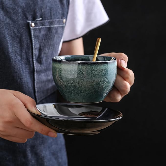 Porcelain Coffee Cup with Saucer Spoon, Vintage Design Ceramic Latte Art Cappuccino Barista Espresso Tea Cup with Saucer (11.6 oz, 350ml, Mist Green)