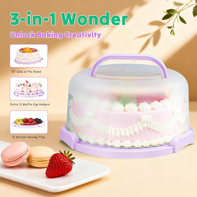 Cake Container, Cake Carrier with Lid, Bpa-Free Cake Holder with Lid for 10 Inch Round Cake Carrier with 10 pcs Round Golden Cake Boards and Portable Insulated Bag & Two Boxes of Cupcake Paper Liners