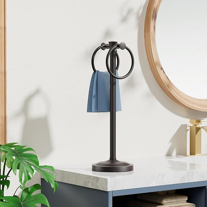 Hoimpro 17" Matte Black Stainless Steel Standing Towel Rack Double Towel Ring Hand Towel Stand Holder, Bathroom Accessories Set Hardware Towel Bar Hanger for Bathroom Vanity and Kitchen Countertops