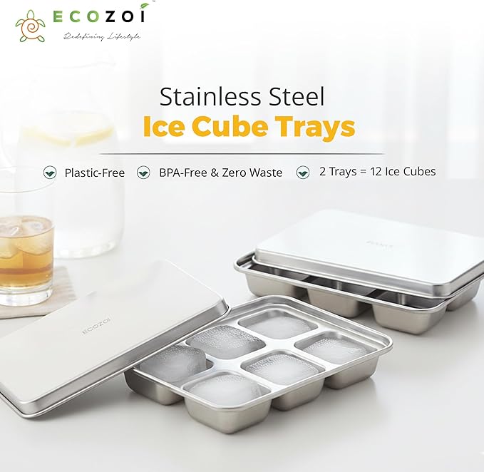 ecozoi Stainless Steel Ice Cube Trays, 2 Pack with 12 Ice Cube Slots - Easy Release, Plastic-Free, Zero Waste