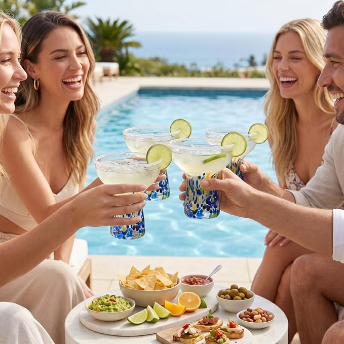 Stemless Margarita Glasses – Set of 4-6oz Luxury Hand Blown Confetti Margaritas, Martini, Cocktails, Water, Wine, Dessert & Champagne Glassware Cinco de Mayo, Hand Blown - Mexican Confetti Glass