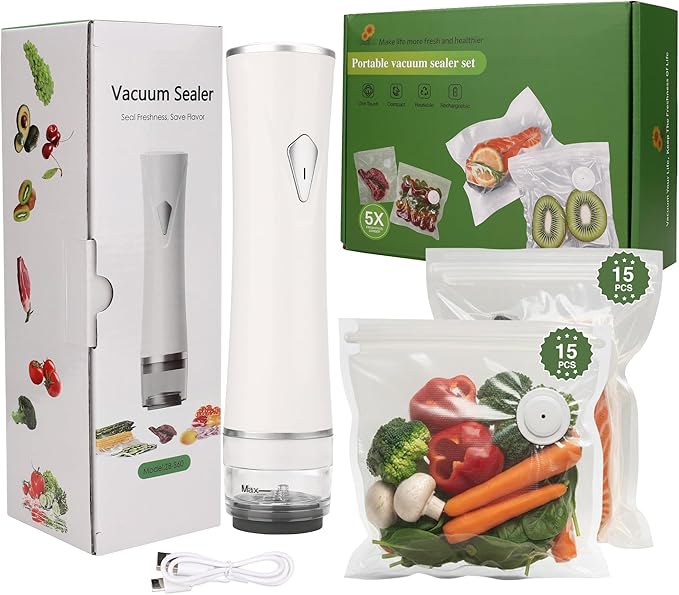 Handheld Vacuum Sealer for Food Storage - Vacuum Storage Bags and Machine - 30 Reusable Freezer Bags - USB Rechargeable - Mini Bag Sealer - Kitchen Gadgets for Meal Prep Essentials