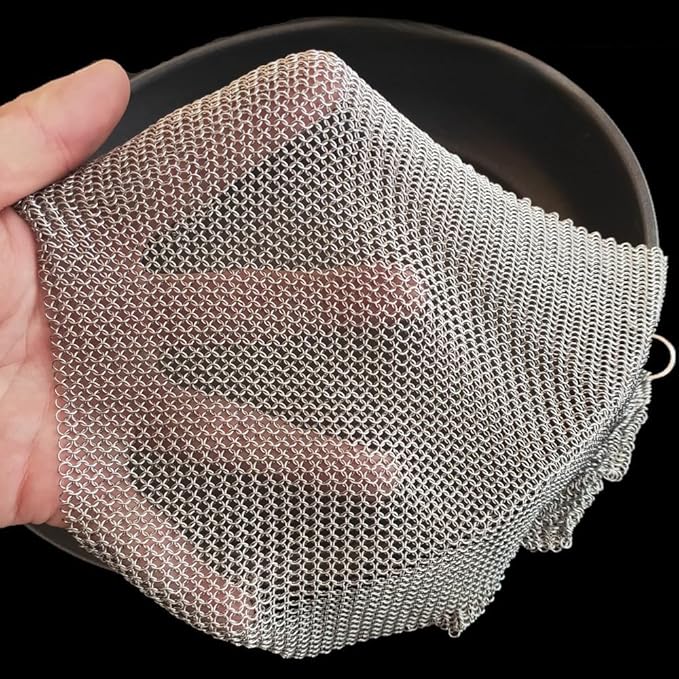 Cast Iron Cleaner & Chainmail Skillet Scrubber - 28''x28'' 3.8mm Small Ring, 316L Stainless Steel Interlocking Mesh Sheet, Flexible Chainmail Panel, Fine Linked Ring Fabric, Woven Ring Net