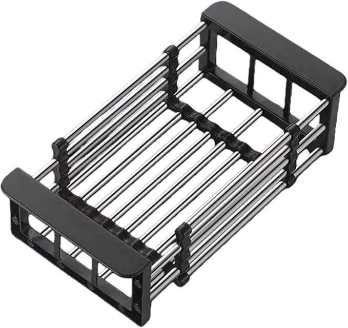 Kitchen Sink Drain Basket Adjustable Over Dish Drying Rack Stainless Steel Drain Basket for Vegetables Fruits Plates Fruits (Black,Small)