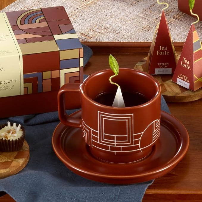 Tea Forte Porcelain Tea Cup and Lid, Steeps 8 oz., Microwave & Dishwasher Safe, Terra - Frank Lloyd Wright