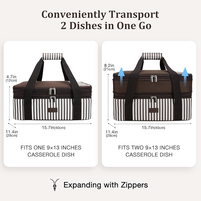 Expandable Casserole Carrier Bag - Double Decker Food Bag, Insulated Casserole Carrier for Hot or Cold Food, Lasagna Holder Tote for Picnics,Beaches,Traveling or Gifts