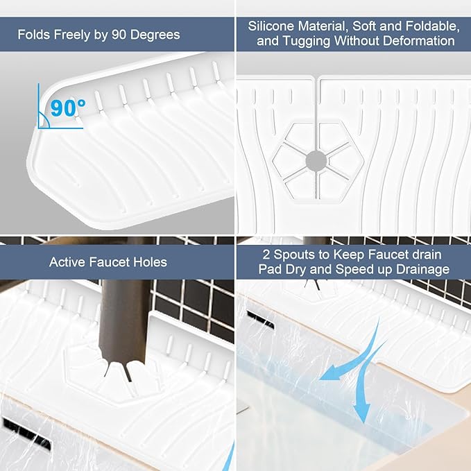 Faucet Guard - 90 Foldable Draining Mat for Kitchen Sink with 2 Drain Ports, White, 24"*5.66"