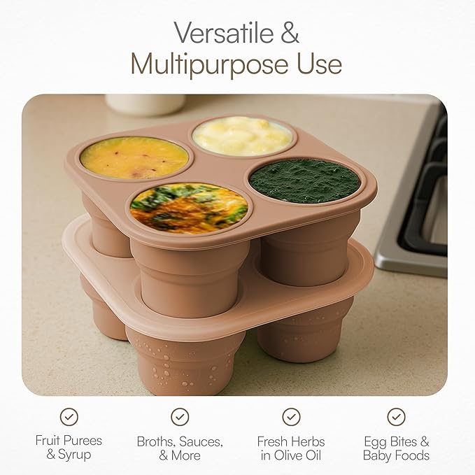 Silicone Freezer Tray with Lid - Stackable 2 oz Large Ice Cube Molds for Homemade Purees, Egg Bites, Broth Food Storage - Dishwasher Safe - CARAMEL