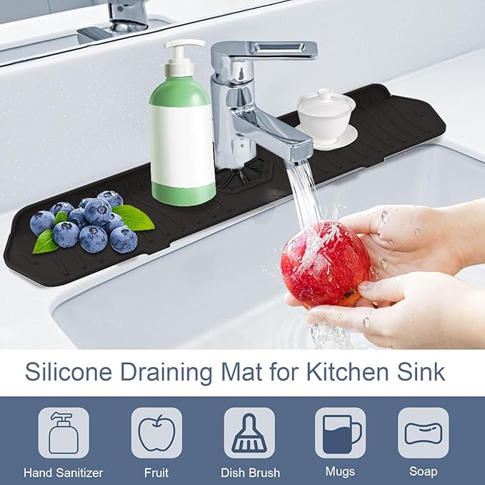 Faucet Guard - 90 Foldable Draining Mat for Kitchen Sink with 2 Drain Ports, Black, 24"*5.66"