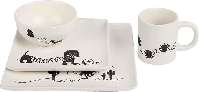 Toy Story 4-Piece Ceramic Dinnerware Set With Scribble Design - Cute Character Line Drawings - Beautiful Glazed White Square Dinner & Salad Plates With 16 Oz. Bowl & 11 Oz. Mug Place Setting