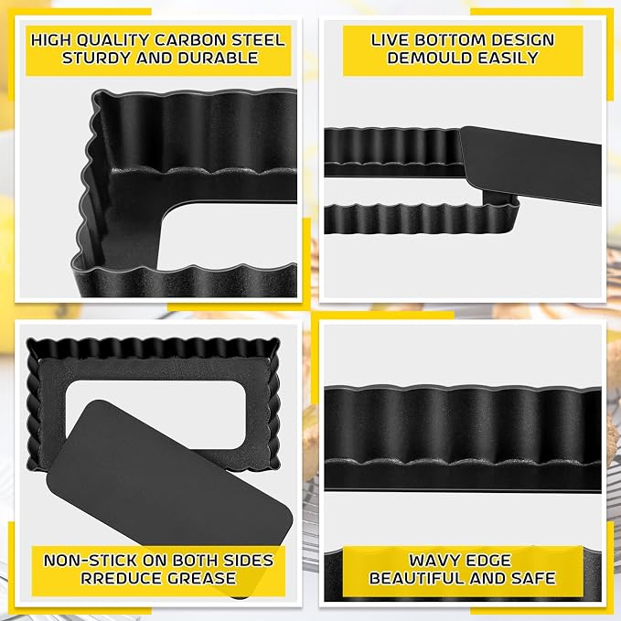 Tessco for You 16 Pcs Mini Tart Pans for Baking, 4.3 x 2.4 Inch Quiche Pans with Removable Bottom, Nonstick Egg Tart Molds Fluted Side Bakeware for Pie Fruit Tarts Cheesecake Dessert (Black Rectangle)
