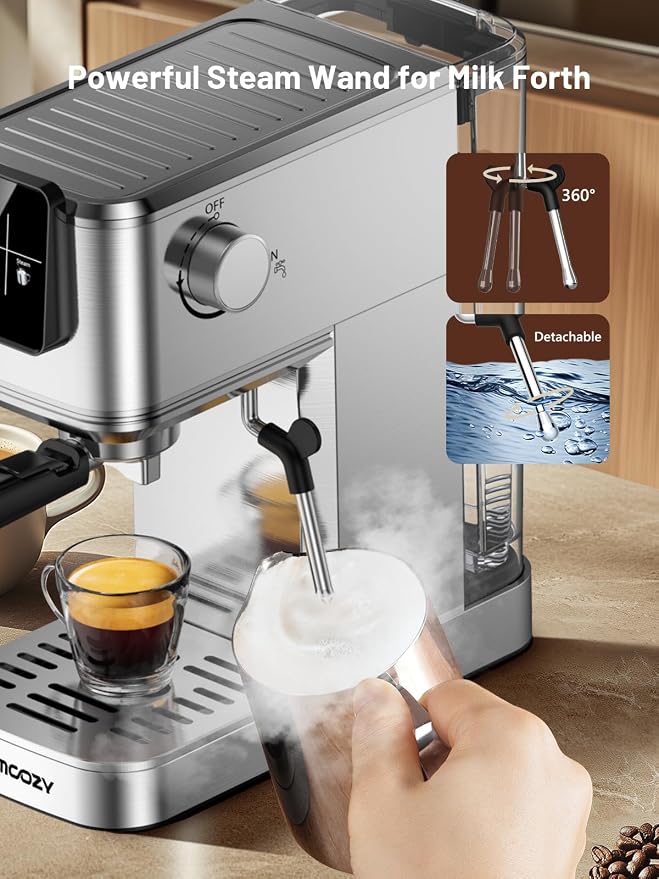 20 Bar Espresso Coffee Machine with Rapid Cold Brew Tech, Milk Frother, Touch Screen Control, Compact Water Tank, Ideal for Lattes, Cappuccinos, Americano, Home & Office(Sliver)