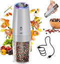 CIRCLE JOY 2-Speed Gravity Electric Pepper Grinder, Rechargeable Salt Grinder Pepper Mills, Adjustable Coarseness, White LED Light, 135ML Large Capacity, Silver