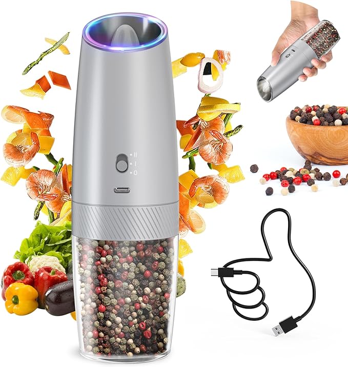 CIRCLE JOY 2-Speed Gravity Electric Pepper Grinder, Rechargeable Salt Grinder Pepper Mills, Adjustable Coarseness, White LED Light, 135ML Large Capacity, Silver