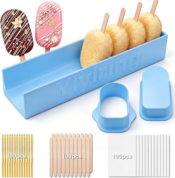 3in Cakesicle Cutter with 9in Tray, Cakesicle Mold Set with 100 Sticks, 100 Bags and 100 Ribbons, Baking Tools for Home Baking, Birthday Parties, Wedding Desserts(Blue)