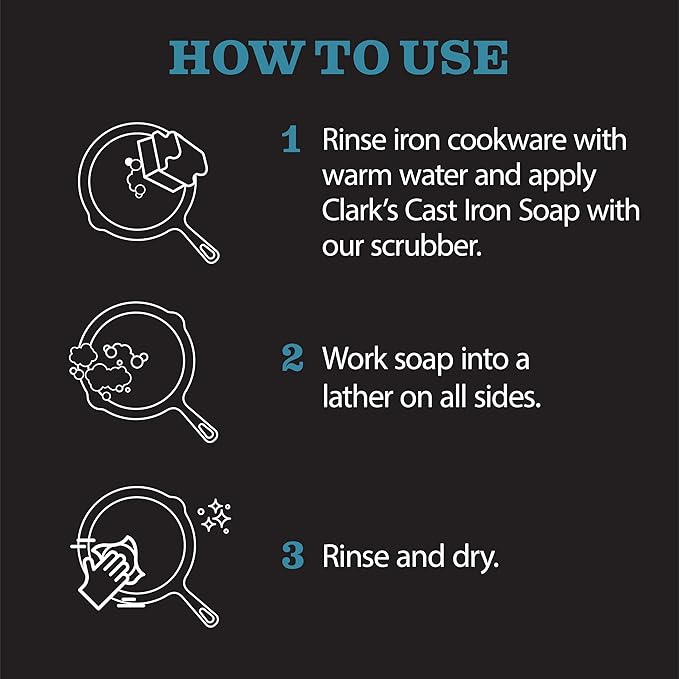 CLARK'S Cast Iron Cleaning Kit with Coconut Oil – Cast Iron Cleaner Set with Seasoning Oil, Soap, Scrub Brush, and Applicator Pad – Restore and Preserve Pan, Skillet, Grill, Dutch Oven, and Wok