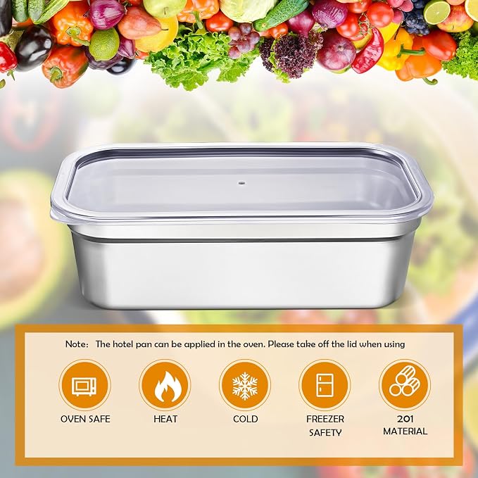8 Pcs 304 Stainless Steel Food Storage Containers with Lids 1/3 Size Hotel Pan Chicken Food Grade Pans Metal Meal Containers for Restaurant Stackable Kitchen Freezer Buffet(4 Inch Deep)
