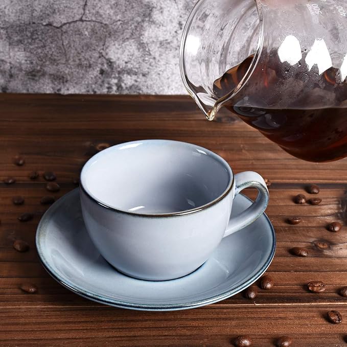 Bosmarlin Ceramic Coffee Cup Mug with Saucer Set of 2 for Latte, Cappuccino, Tea, 8.5 Oz, Dishwasher and Microwave Safe(Grey&Blue, 2)