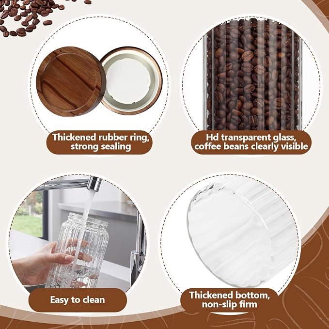 Suclain 3 Pcs 44 oz Glass Coffee Grounds Container with Shelf Glass Coffee Bean Storage Canisters with Airtight Lid and Measuring Spoon Food Storage Jars for Kitchen Sugar (Trendy Style)