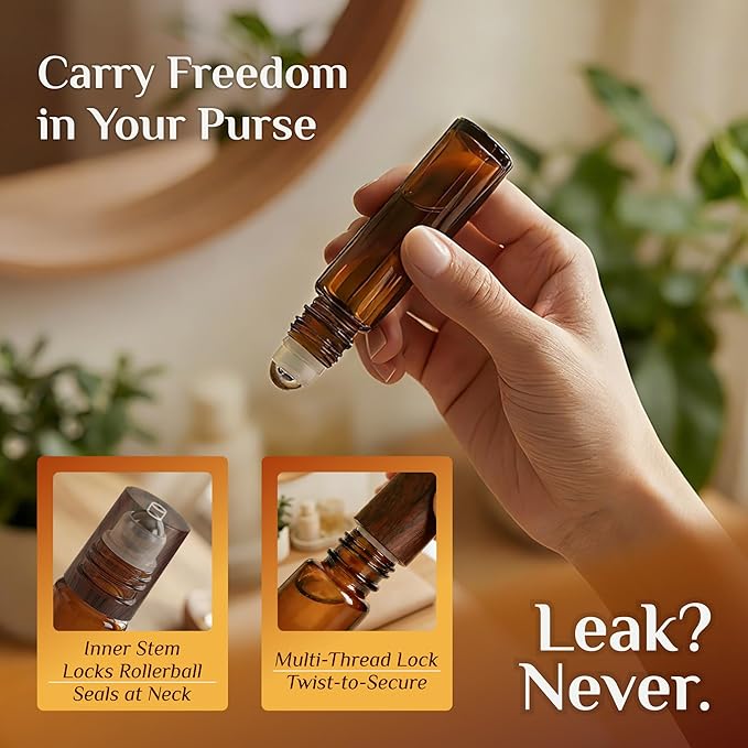 PrettyCare 4 Pack, 10 ml Essential Oil Roller Bottles with Stainless Steel Roller Ball - Refillable Leak-proof Empty Thick Amber Glass Roll on Bottles with Wooden Caps for Travel, Perfume