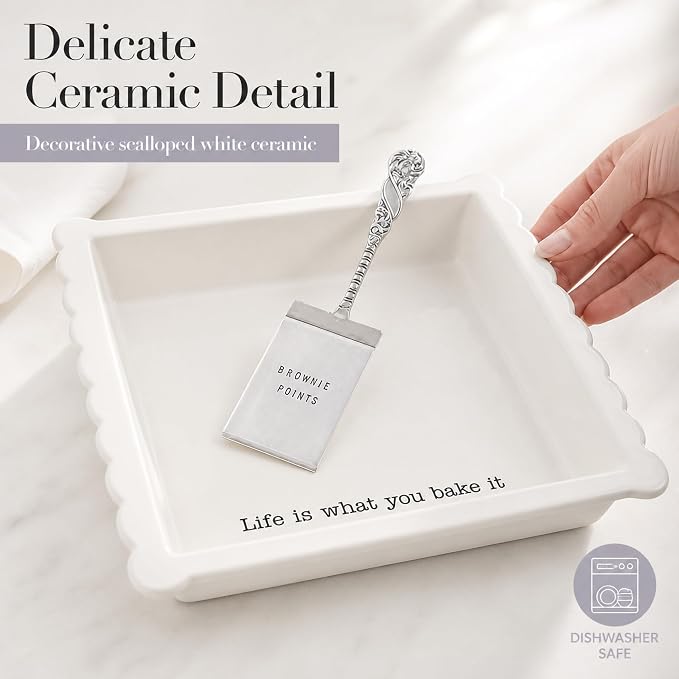 Mud Pie Ceramic Brownie Pan Set with Silverplate Server, Scalloped Brownie Baking Dish, Oven Safe Dishwasher Safe Bakeware, Perfect Brownie Pan for Desserts, Bars, Gifts, White
