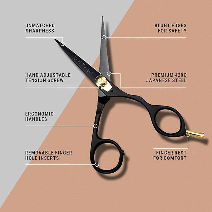 Ontaki Beard & Mustache Scissors for Men - 5.5" Japanese Steel, Black - Precision Sharp Blades, Ergonomic Finger Rest & Adjustable Tension Screw for Perfect Trimming - Beard Scissors for Men