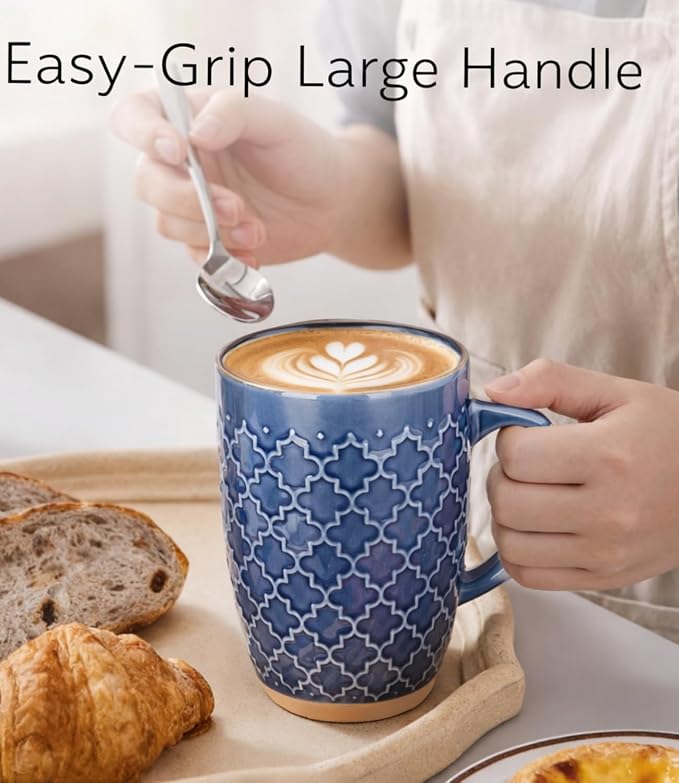 GBhome 20oz Large Coffee Mugs Set of 6, Handmade Tall Ceramic Coffee Mugs with Texture Patterns for Cappuccino, Latte,Hot Cocoa, Dishwasher & Microwave Safe-Moonlight Blue