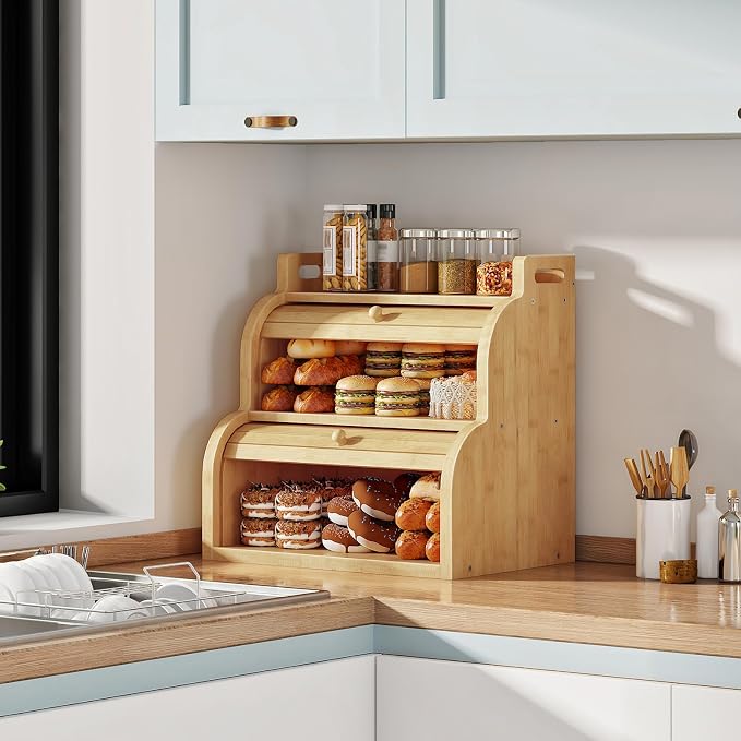 HOOBRO Bread Box, Bamboo Bread Box for Kitchen Countertop, 2-Tier Roll-Top Bread Bin, Food Storage Box, Bamboo Storage Cabinet with Handles, for Kitchen, Dining Room, Natural YL15MB01