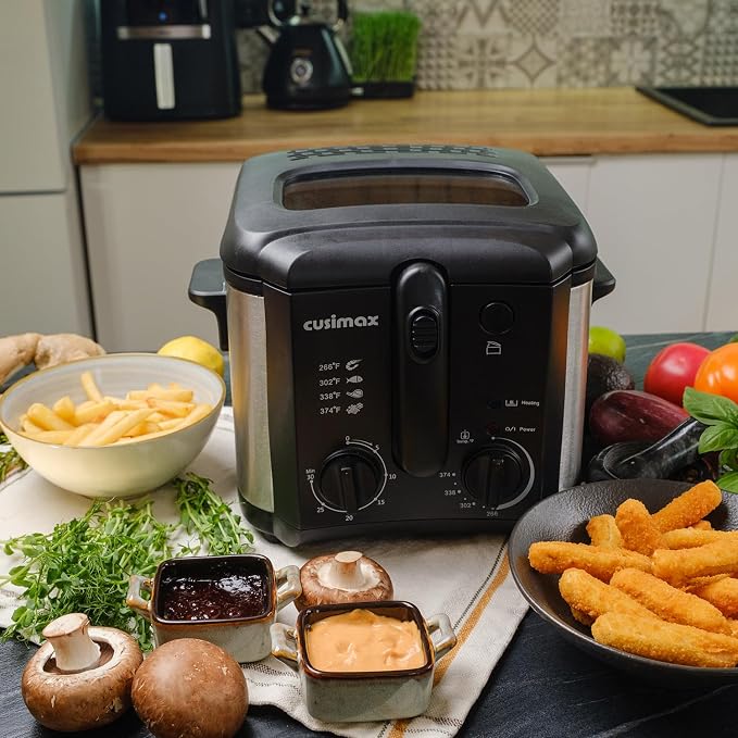 CUSIMAX Electric Deep Fryer for Home Use, 2.5 Liter 1500W Small Deep Fryer with Basket, Adjustable Temperature & Time, Lid with View Window and Odor Free Filter