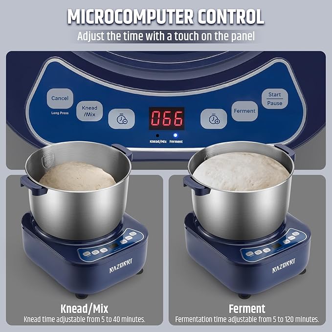 Razorri Electric Dough Maker, 6.5QT Household Dough Mixer with Ferment Function Microcomputer Timing with Stuffing Blade Stainless Steel Bowl for Bread Pizza Noodle