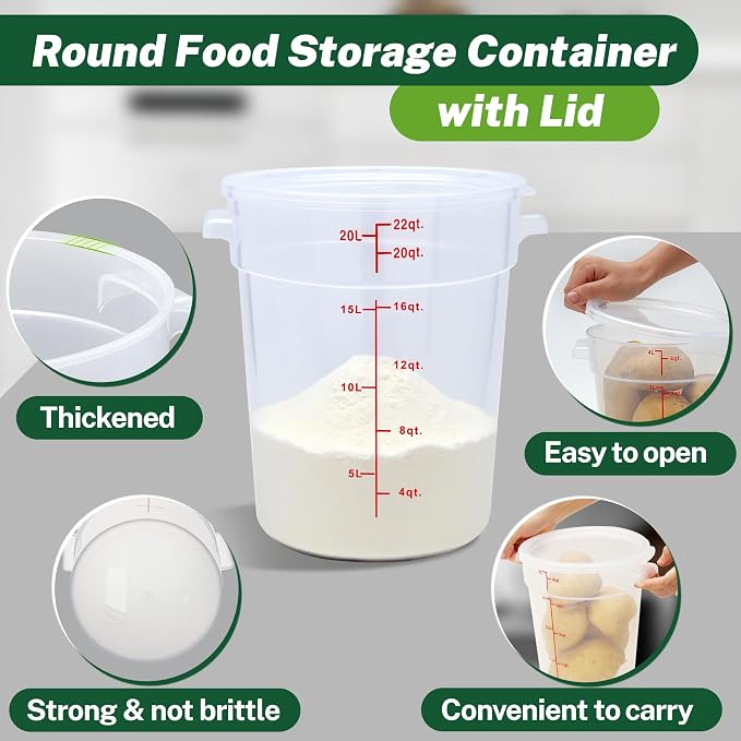 4 Pack 22 Qt Round Food Storage Containers with Lids, Translucent | Translucent containers with lids, easy-read scale, labels and measuring cups; stackable for prep, storage and freezer use.
