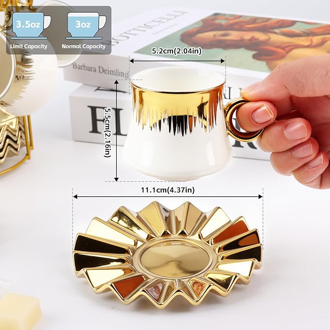 3.5oz Ceramic Espresso Cups Set of 6, Small Stackable Coffee Cups with Saucers, Ottoman-Style Turkish Coffee Cup Set for Tea, Espresso, Latte, Coffee, Cafe Mocha, Black Gift Box with Window(White)
