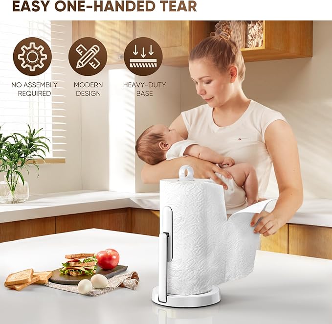 theaoo Heavy-Duty Stainless Steel Paper Towel Holder with Tension Arm – Easy One-Handed Tear, Modern Standing Countertop Dispenser for Kitchen, Holds All Paper Towel Rolls (1, White)