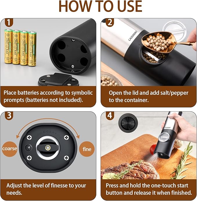 Electric Salt or Pepper Grinder Battery Operated, Automatic Salt and Pepper Mill Grinder Shakers with LED Light, Adjustable Coarseness, Include Brush and Spoon, Stainless Steel 1 PACK