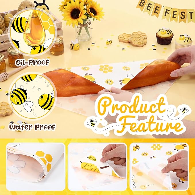 Reallnaive 300 Pcs Honey Bee Wax Paper Sheets 12 x 12 Inch Yellow Honeycomb Parchment Deli Tissue Paper Sandwich Wrapping Sheets Food Basket Liners for Kitchen Restaurant Baking Supplies, 6 Styles