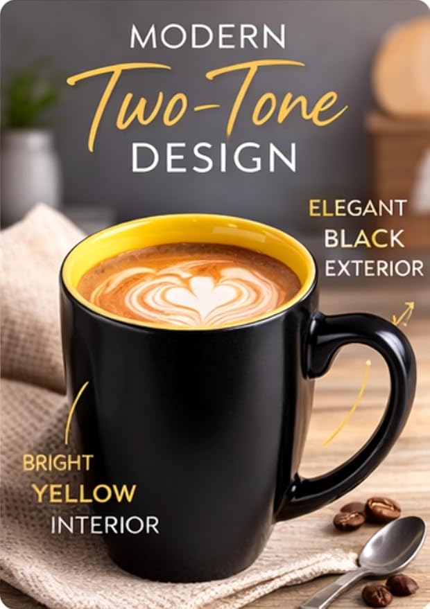 GBhome 16oz Coffee Mugs Set of 6, Large Ceramic Coffee Mugs for Man, Woman, Dad, Mom, Modern Coffee Mugs Set with handle for Tea/Latte/Cappuccino/Milk/Cocoa. Dishwasher&Microwave Safe,Yellow