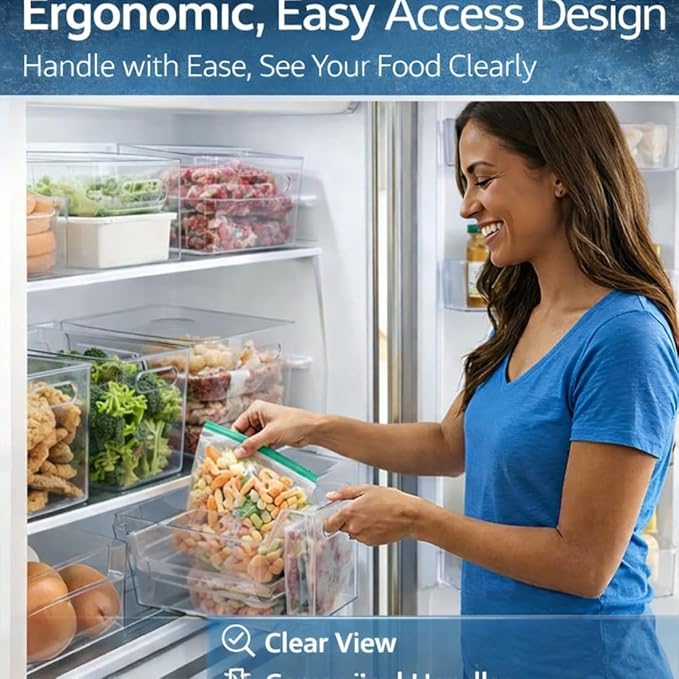 Crystal Clear Freezer Storage Bins, 4 Pack Clear Plastic Bins for Refrigerator and Pantry, Stackable Kitchen Cabinet Organizer with Handles for Frozen Food, Meat & Veggies (4PCS L)
