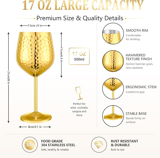 UNISWEET Stainless Steel Wine Glasses Set of 4 Unbreakable (Gold) | 17 oz Large-capacity Hammered Goblets, Lightweight & Reusable, Good for Outdoor, Camping, Pool Travel, Gift for Wine Lovers
