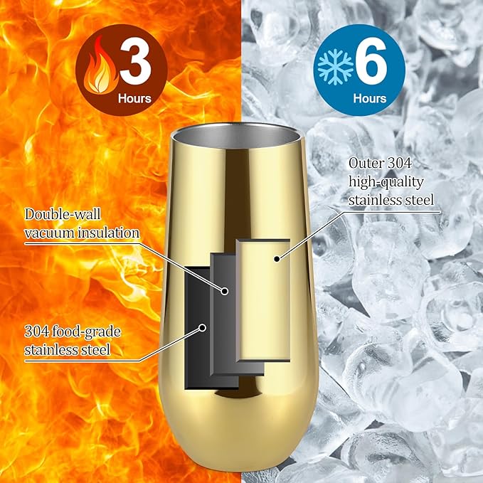 Lifecapido 8 Pack Insulated Stemless Tumblers, 12oz Stainless Steel Flute Tumblers, Gold Plating for Birthday Party Wedding Christmas